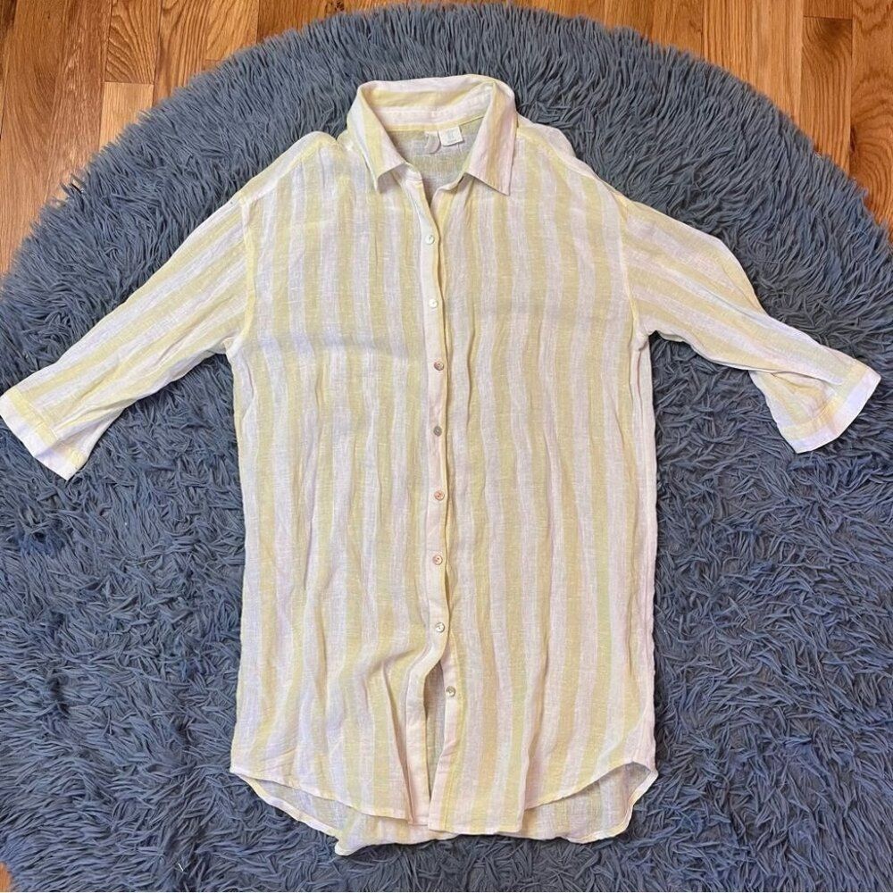 Cynthia Rowley Yellow And White Striped Long Linen Shirt Size S